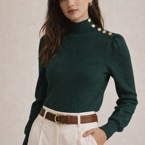 Ralph Lauren green ribbed gold button mock neck sweater